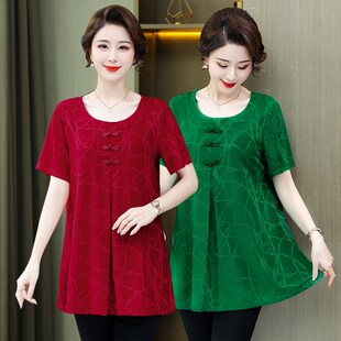 T恤加肥特大码 短袖 妈妈上衣宽摆遮肉S200斤弹力汗 夏季 中老年女装