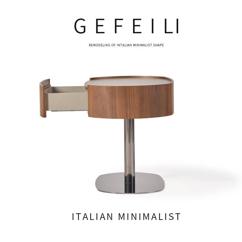 意式极简实木床头柜设计师款中古风胡桃色马鞍皮创意高端床边柜