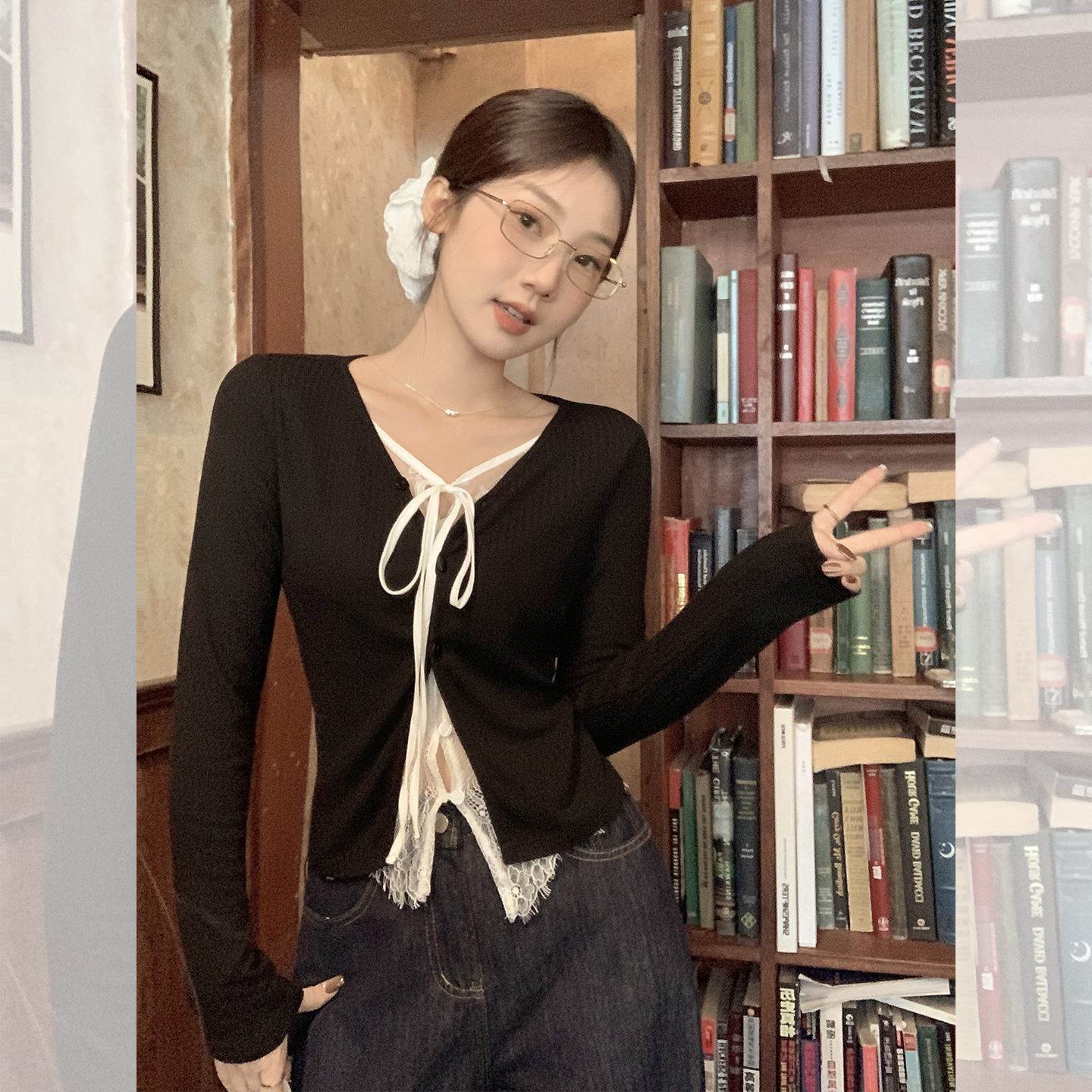 韩系ins蕾丝拼接假两件纽扣开衫长袖T恤女秋季新款设计感小众