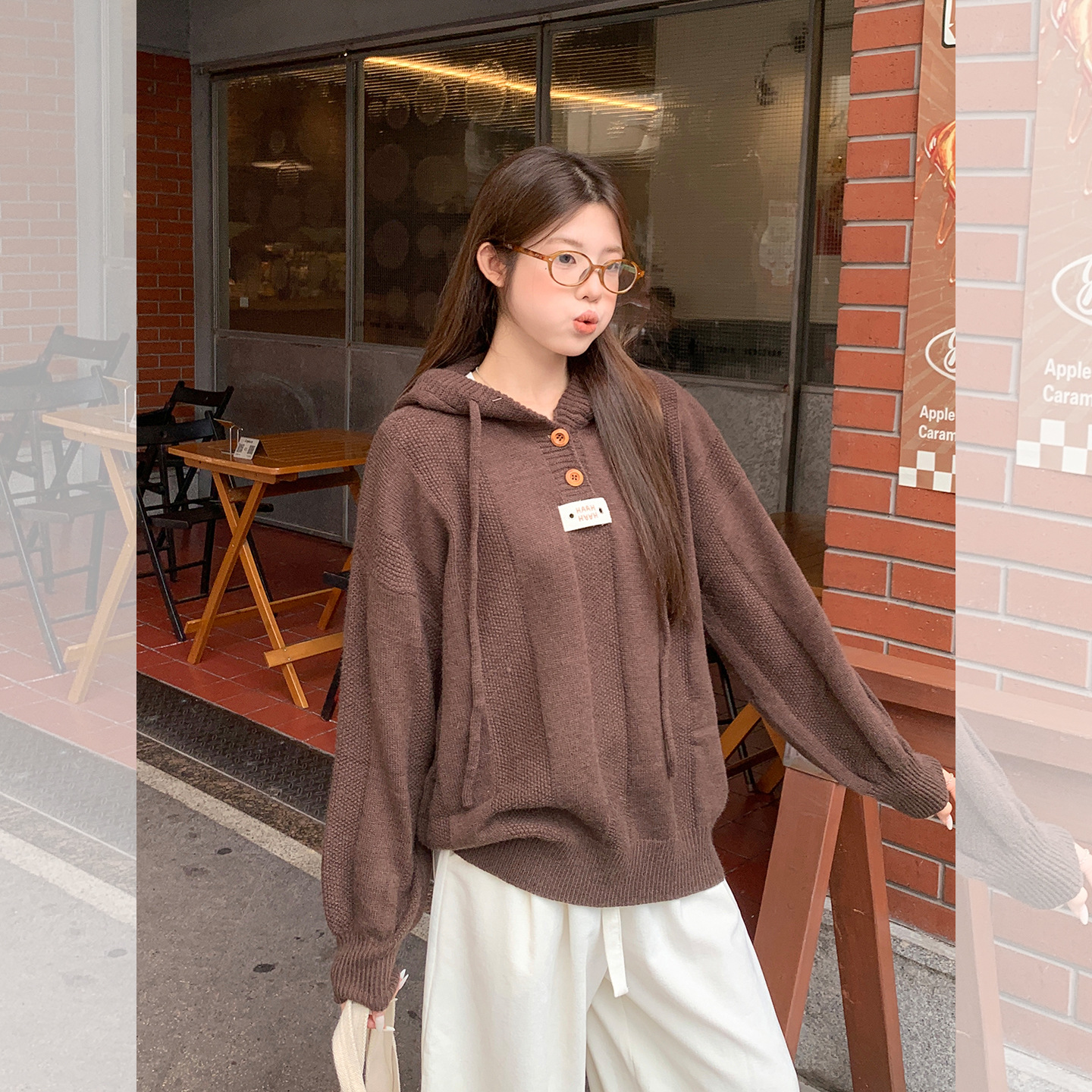 韩系慵懒风美拉德穿搭咖色连帽宽松长袖毛衣外套针织衫上衣女