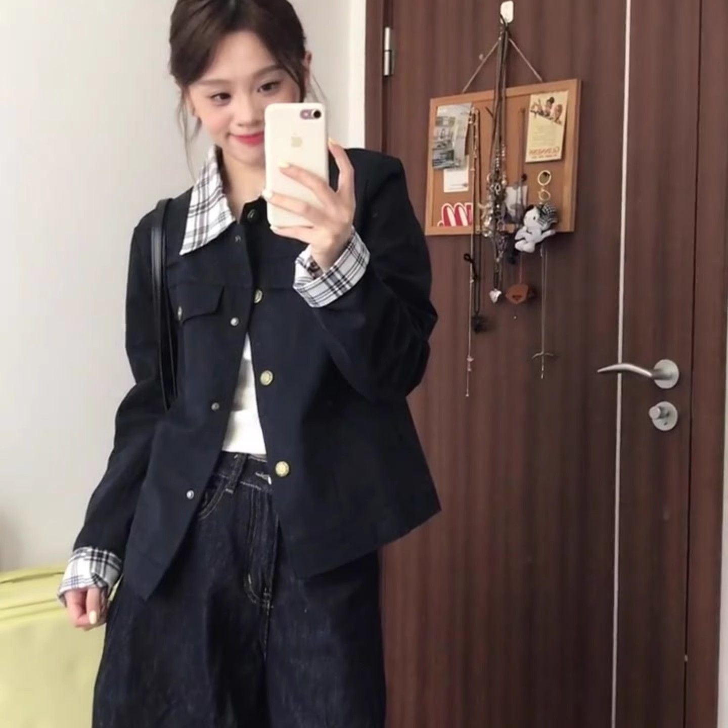 独特漂亮的初秋外套女2025新款春秋小个子休闲翻领格纹拼接夹克