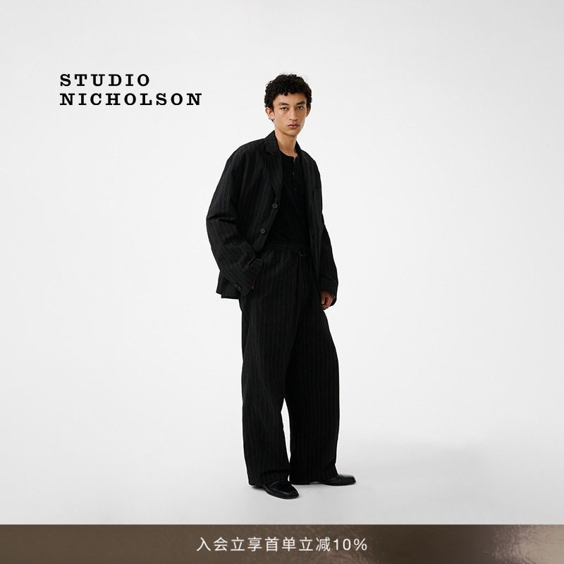 【春夏新品】STUDIO NICHOLSON男士SONNY抽绳腰条纹棉麻长裤裤子图片