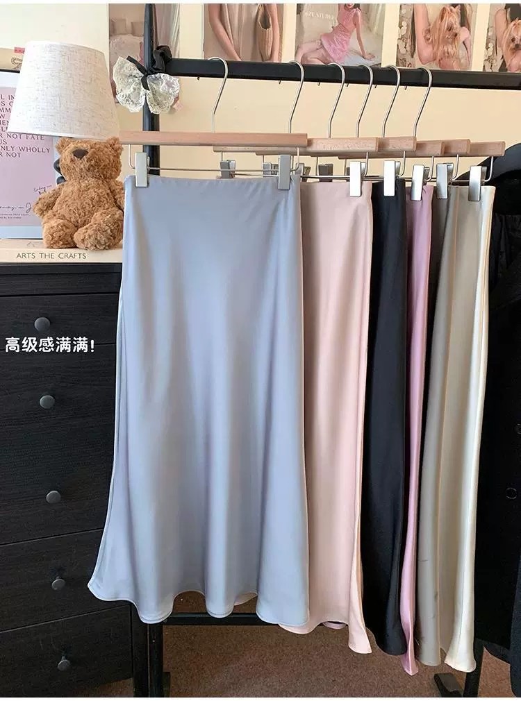 法式气质丝滑缎面半身裙女2025春夏高腰显瘦A字裙荷叶边鱼尾长裙