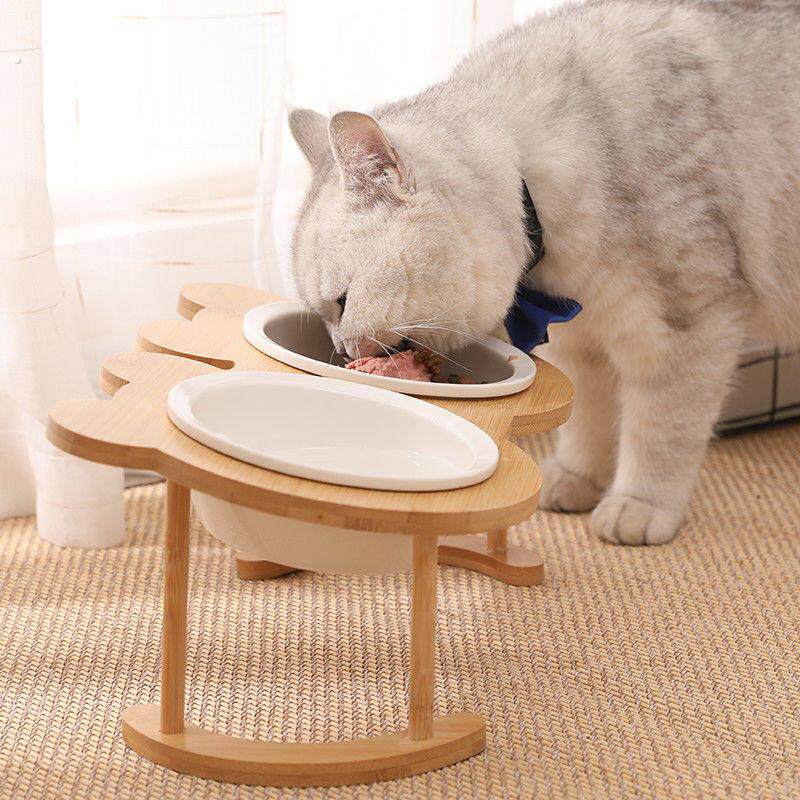 陶瓷猫碗高脚护颈双碗固定架防打翻宠物猫狗食盆水碗倾斜猫咪用品
