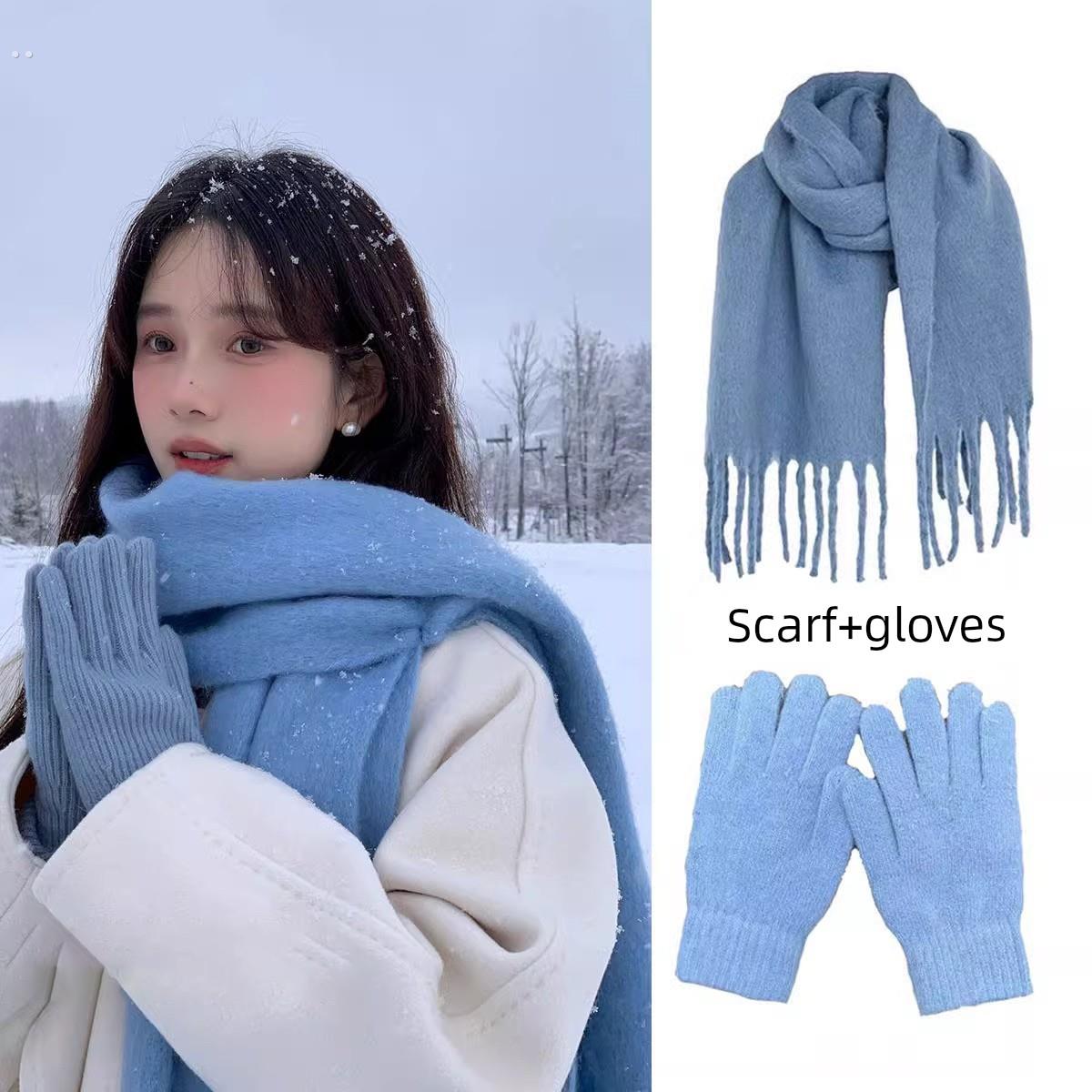 哈尔滨旅游蓝色围巾女秋冬季韩系氛围高级感保暖装备东北穿搭围脖