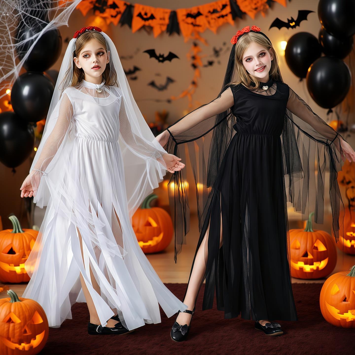 万圣节儿童服装女童暗黑恶魔鬼新娘吸血鬼女巫装搞怪连衣裙表演服