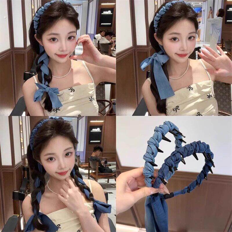 韩系简约蓝色牛仔飘带发箍女丝带编发一体式显脸小头箍发捆发夹