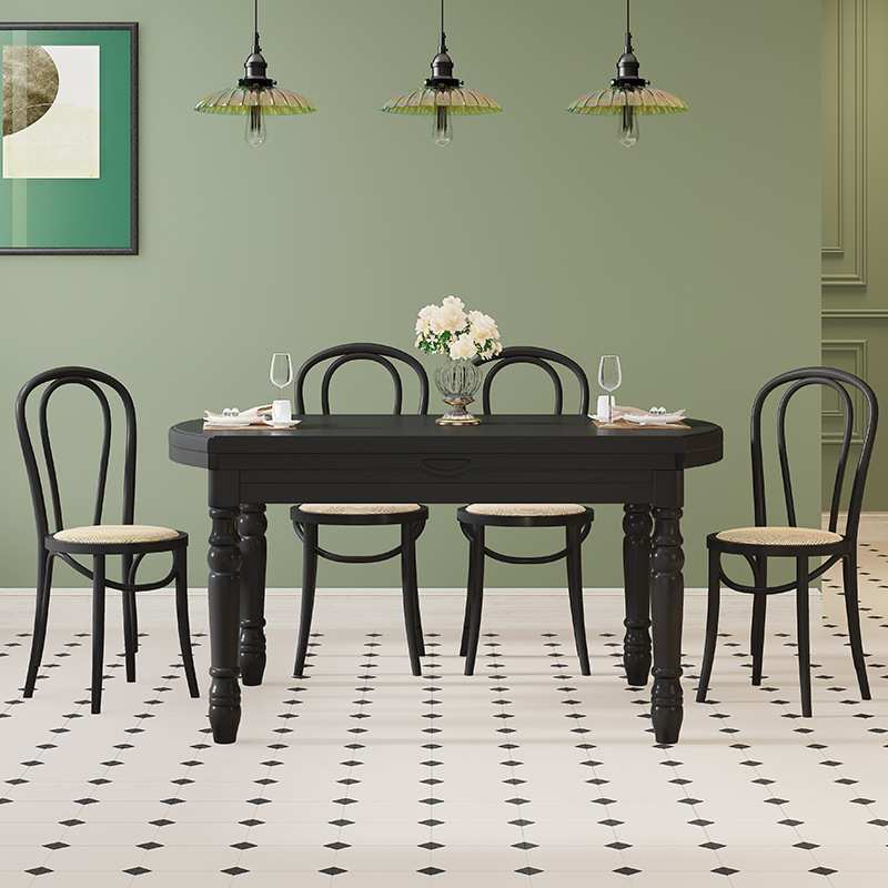 复古美式全实木餐桌餐椅组合可伸缩折叠饭桌典雅黑法式餐桌长方形