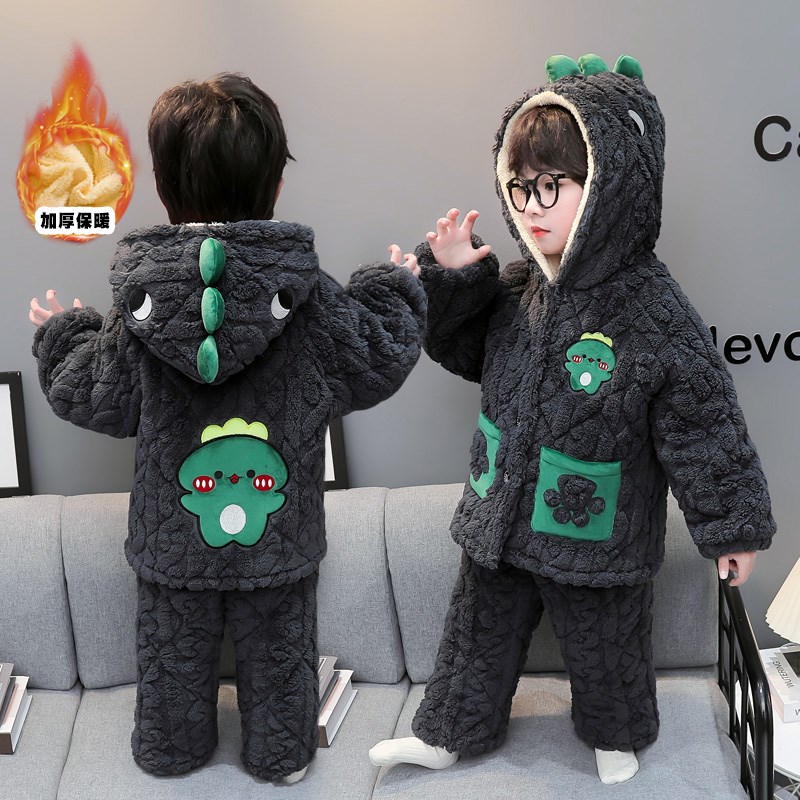 儿童睡衣男孩2024新款秋冬季三层夹棉加绒加厚冬款男童珊瑚绒套装