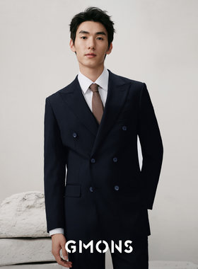 吉约蒙双排扣西服男士套装蓝色弹力高级商务正装结婚新郎西装礼服