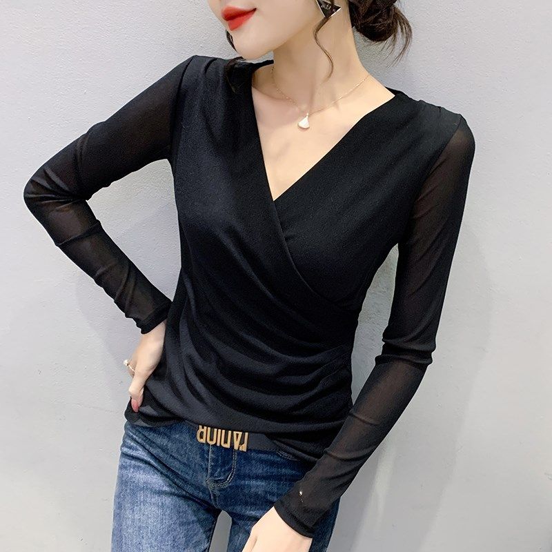 2025春秋新款性感V领交叉T恤女长袖网纱打底衫紧身内搭洋气上衣潮,女装/女士精品,T恤,淘宝优惠券,粉丝福利购,淘宝优惠卷