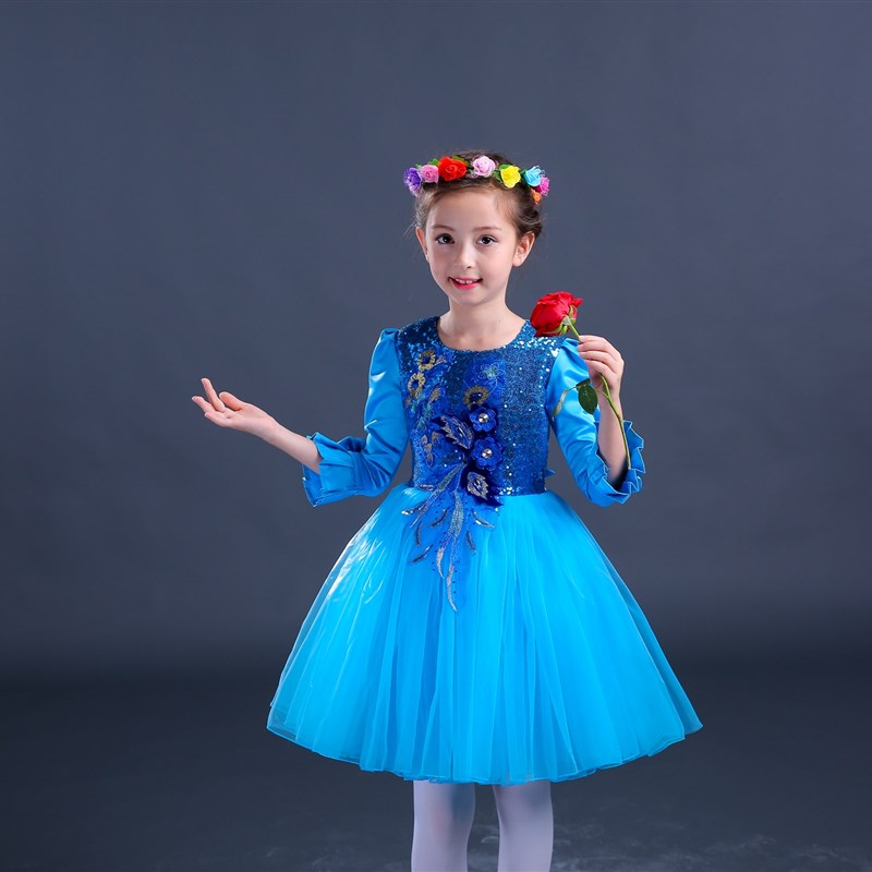 儿童演出服幼儿小学生舞蹈女童公主纱裙大合唱表演服装天蓝色长袖