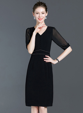 v领黑色连衣裙夏季修身显瘦2021新款中袖名媛气质包臀一步裙子女