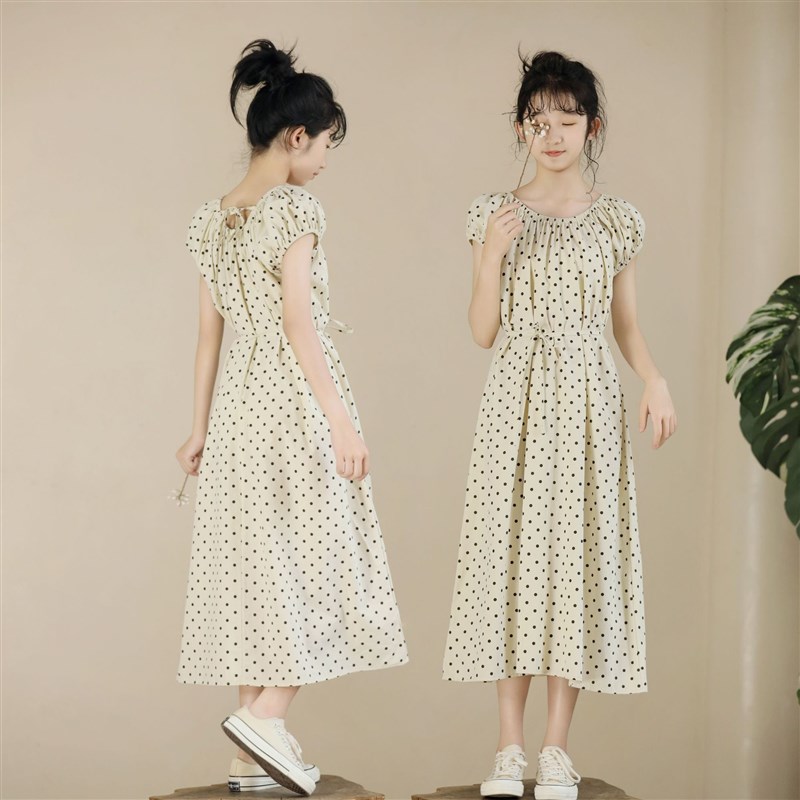 大童女装夏季连衣裙洋气女童长裙初中生女孩波点裙子度假风高级感