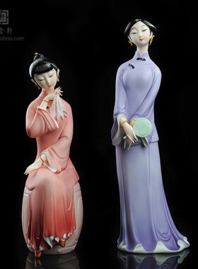 明清古典美女仕女手绘青花德化陶瓷白瓷江南风格办公玄关姐妹摆件