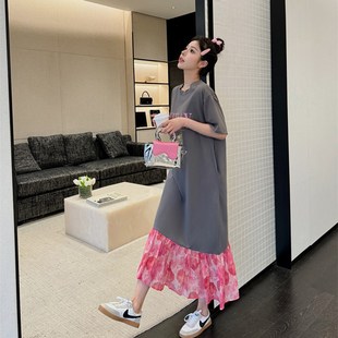 宽S松胖mm拼接过膝裙 纸片人显瘦长款 T恤连衣裙女2024夏季 新款 大码