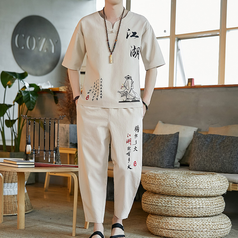 夏季大码宽松棉麻刺绣套装男中国风绣花短袖t恤衫U胖子衣服两件套