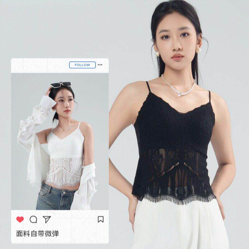 韩版甜辣风流苏蕾丝性感v领美背固定杯无痕可外穿吊带背心女上衣