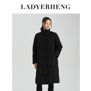 LADYERHENG冬季女装90鸭绒中长款黑色立领H型羽绒服