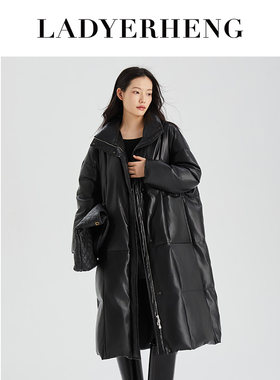 LADYERHENG冬季女装90鸭绒耀目黑色中长款蛋白皮A型羽绒服