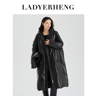 LADYERHENG冬季女装90鸭绒耀目黑色中长款蛋白皮A型羽绒服