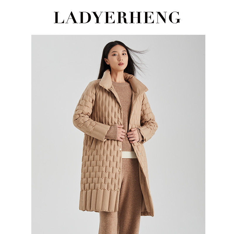 LADYERHENG冬季女装白鸭绒格纹中款立领宽松百搭外套羽绒服