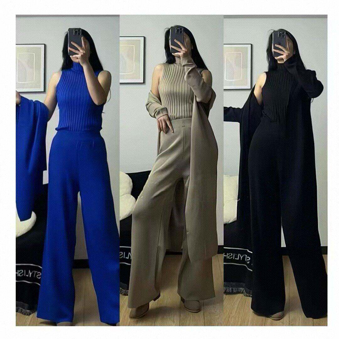 欧美洋气纯色休闲套装女披肩外套+V领打底针织衫+阔腿长裤三件套