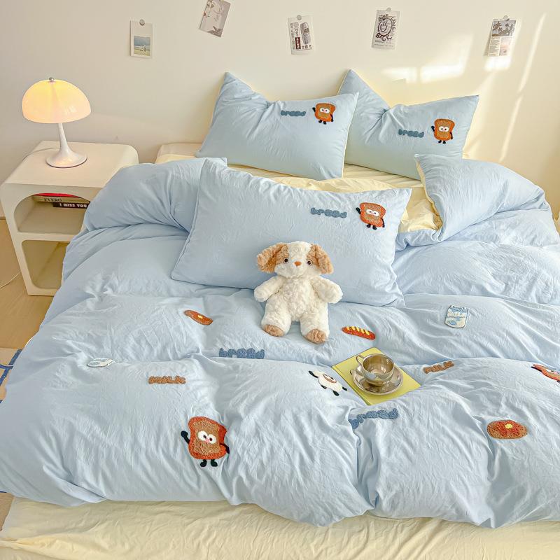 ins纯色可爱卡通浅蓝毛巾绣水洗棉床上四件套被套床单学生三件4