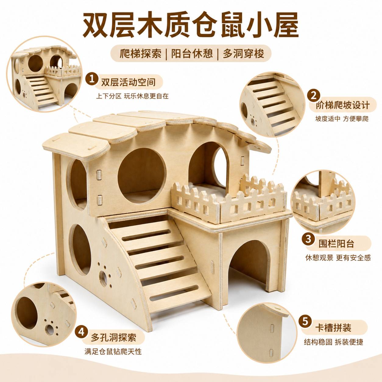 跨境仓鼠木质豚鼠屋防咬豚鼠和其他小型宠物隐蔽小屋豪华别墅玩具