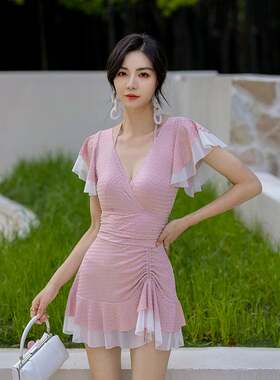 汐歌儿新款挂脖连体泳衣女士小胸钢托聚拢性感露背泳装泡温泉泳衣