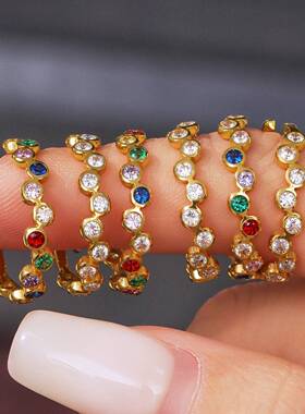 梦幻 精致小巧彩色满圈锆石开口戒指设计感时尚叠戴不锈钢食指戒