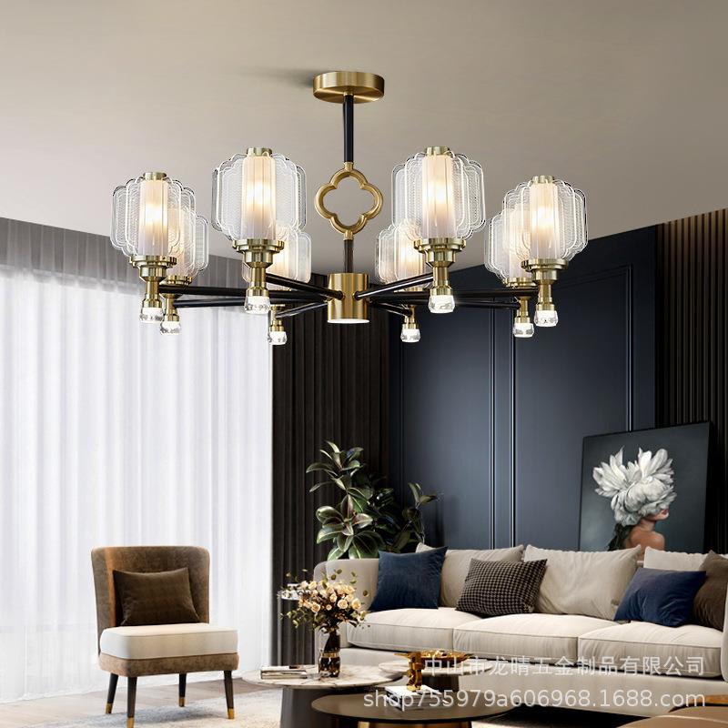 龙晴新中式全铜吊灯 后现代黑金LED客厅餐厅灯大气时尚样板房灯具