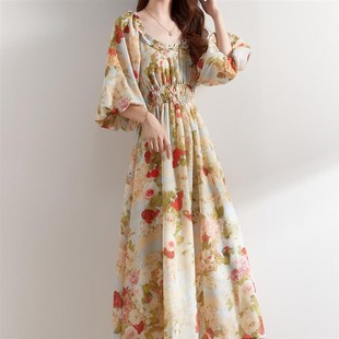 碎花连衣仙女秋S手工捏褶优雅长裙 浪漫泡泡袖 古堡花园 法式