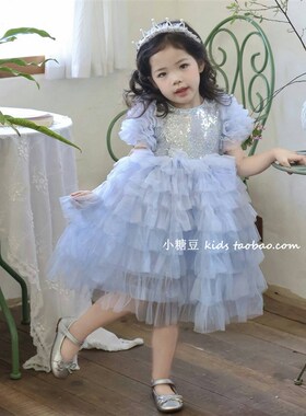 女童蓝色短袖网纱蛋糕裙公主裙2025夏季女孩爱R沙连衣裙蓬蓬生日