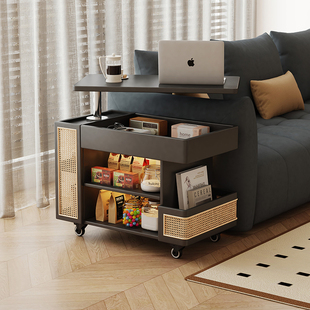 法式复古藤编边几茶几可移动可升降小茶几桌子沙发边柜客厅置物桌