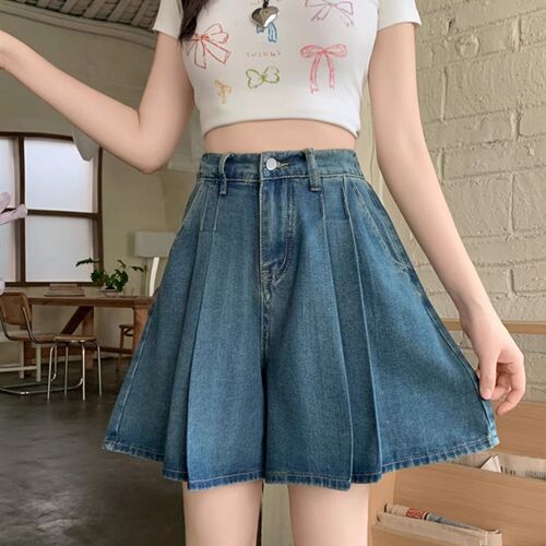 大码复古牛仔半身裙女夏季高腰显瘦A字短裙胖MMT小众设计百褶裙子