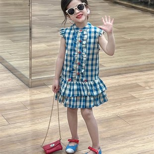 格子飞袖 女童连衣裙夏季 洋气裙子宝宝韩版 儿童夏装 背心 2k025新款