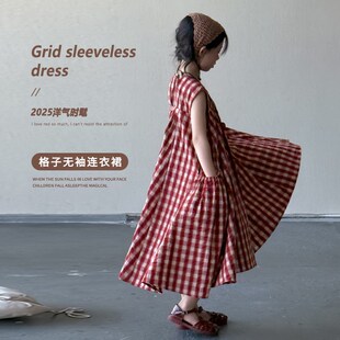 女童格子b无袖连衣裙春夏款2025新款儿童女宝宝中长款裙子韩版夏