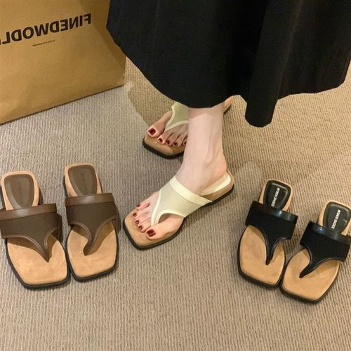 坡跟方头气质夹趾人字拖鞋女202C5夏季新款配裙子复古小众沙滩凉