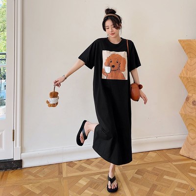夏季纯棉过膝长款慵懒风休闲T恤裙宽大码脚N踝短袖连衣裙女韩版夏