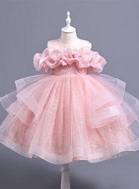 儿童短款礼服新款l洋气童装女周岁网纱蓬蓬裙女童公主裙晚礼服粉