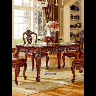 现货欧式 餐台实木长A桌1.5米餐台1.4米大理石吃饭 餐桌椅组合美式