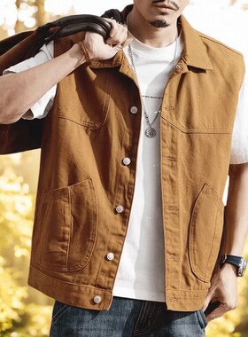 马甲男纯色美f式复古工装背心时尚2024春夏季休闲户外黄色牛仔外