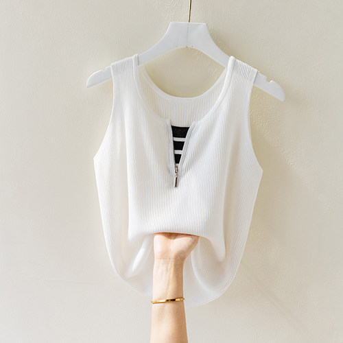 加肥加大码冰丝吊带背心女夏季设C计感假两件拉链打底衫无袖上衣
