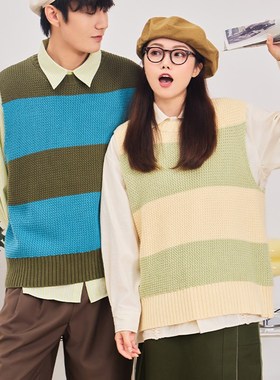 OADB日系复古清新粗针织圆领z宽条纹背心宽松马甲套头无袖内搭男