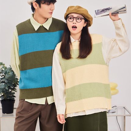 OADB日系复古清新粗针织圆领z宽条纹背心宽松马甲套头无袖内搭男
