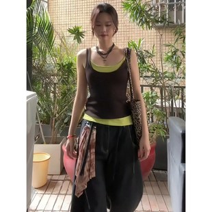 显瘦无袖 大码 辣妹撞色修身 E新款 上 复古拼接假两件吊带背心女夏季