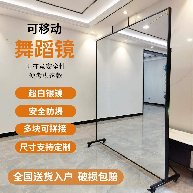 可移动舞蹈镜子超大全身落地w镜瑜伽室健身房家用练舞跳舞镜带轮