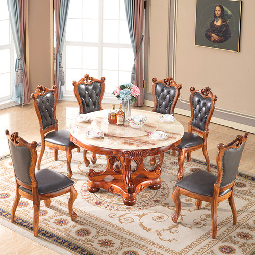 乌金木餐桌全实木圆餐桌天然大理石面餐桌餐台圆X台餐桌椅组合