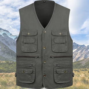 背 坎Y肩大码 纯棉水洗马甲男士 多口袋马甲中老年全棉马夹爸爸上装